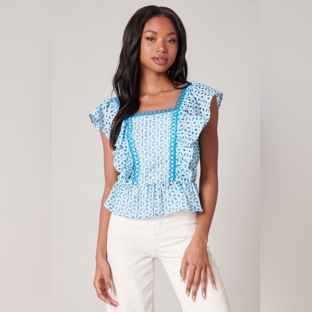 NWT Sugarlips Blue‎ White Backroad Eyelet Peplum Boho Top Blouse Medium M
